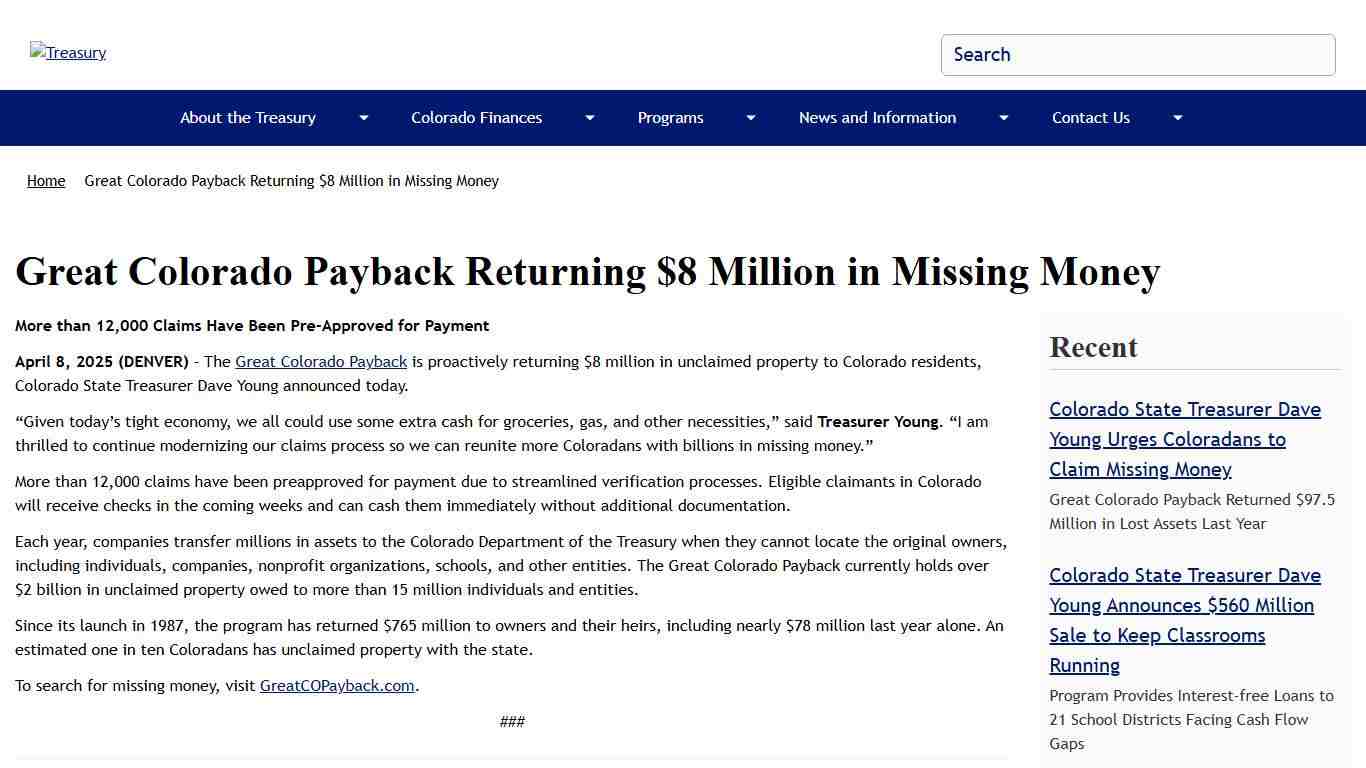 Great Colorado Payback Returning $8 Million in Missing Money Treasury